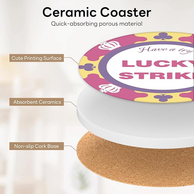 6-Piece Ceramic Coaster Set with Tray Diameter: 3.94 in Thickened Absorbent Material Heat-Resistant and Water-Absorbent Coaster Set Suitable for All Types of Cups， Lucky Alphabet