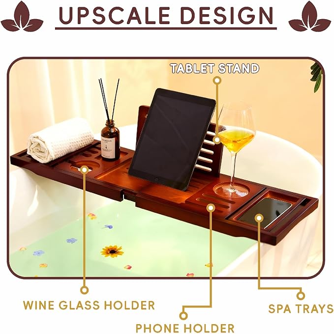 Premium Foldable Bamboo Bathtub Tray Caddy, Expandable Bath Caddy Tray with Holder, Brown Bath Shelf Over Tub, Spa Bathroom Accessories & Gifts for Home
