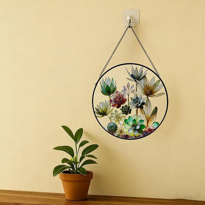 Stained Glass Window Hanging, 9.8'' Succulents Sun Catcher Glass Panel Home Garden Decor with Chain, Green Plants Stained Glass Sunatcher Gift for Nature Lover, Mom, Friends
