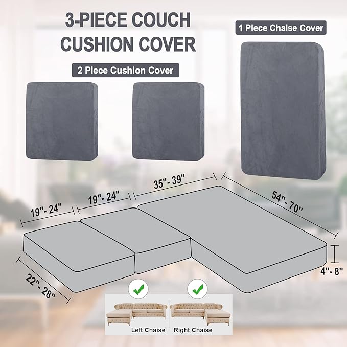 NAISI Sectional Couch Cover 3 Pieces Velvet Separate Couch Cushion Covers L Shape Soft Stretch Sofa Slipcovers with 2pcs Pillowcases for Left/Right Chaise Sectional Couch(2 Seater+1 Chaise,Dark Grey)