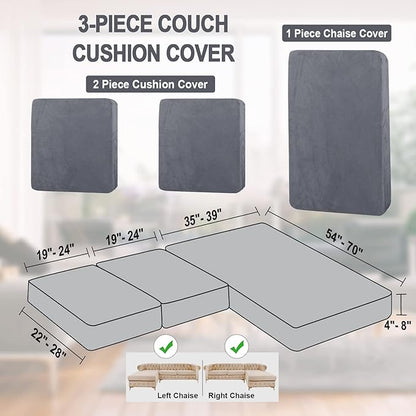 NAISI Sectional Couch Cover 3 Pieces Velvet Separate Couch Cushion Covers L Shape Soft Stretch Sofa Slipcovers with 2pcs Pillowcases for Left/Right Chaise Sectional Couch(2 Seater+1 Chaise,Dark Grey)