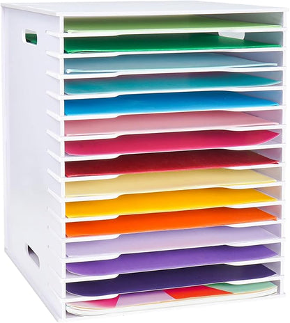 SANFURNEY Scrapbook Paper Organizer for Sizes 12" x 12", 15 Slots File Sorter Storage, Document Holder, Desktop Scrapbook Paper Organizer Rack for Home Office School (White, 15 Slots - Large Size)