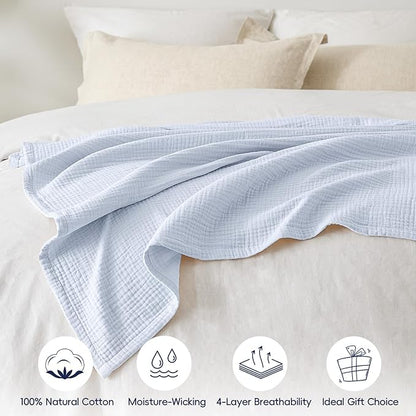 PHF 100% Cotton Muslin Throw Blanket 50" x 60", 4-Layer Lightweight Gauze Throw, Breathable Cloud-Soft Minimalist Blanket for Bed, Couch, Camping & Baby, Ancient Water, Ideal Gift