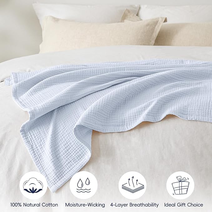 PHF 100% Cotton Muslin Blanket Twin XL Size 66"x90", 4-Layer Lightweight Gauze Throw, Breathable Cloud-Soft Minimalist Blanket for Bed, Couch, Camping & Baby, Ancient Water, Ideal Gift