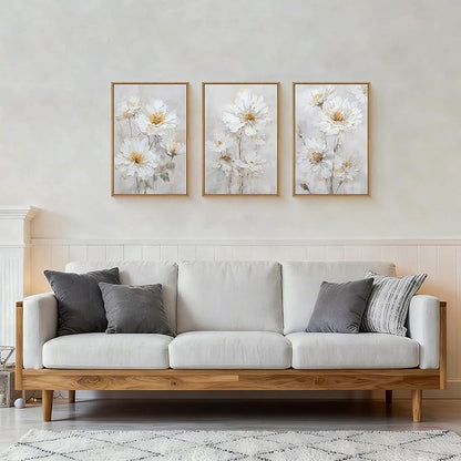 Aryroi Watercolor White Daisy Wildflower Framed Canvas Wall Art Set,Modern Natural Beige Floral Wall Decor,Minimalist Dreamy Flower Botanical Artwork For Living Room, Bedroom,Farmhouse-24 x36 x3