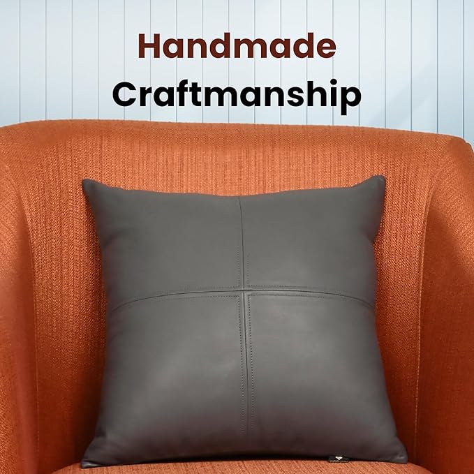LL LEATHER LOVERS Lambskin Leather Pillow Cover, Hand Panel Stitched Leather Decorative Throw Pillow Covers for Couch Sofa Bed Living Room Garden (18x18 Inches, Grey Plain Pack of 2)
