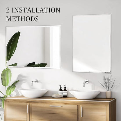 Frameless Rectangular Wall Mirror: Decorative Rectangle Mirrored Glass Vanity with Beveled Silver Edge for Bathroom Bedroom Livingroom Dining Room Entryway Hallway, 28 x 20 inch