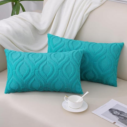 decorUhome Spring Throw Pillow Covers 12x20 Inch Set of 2, Soft Plush Faux Wool Turquoise Solid Couch Pillow Covers, Accent Farmhouse Neutral Square Pillow Cases for Sofa Bed Living Room