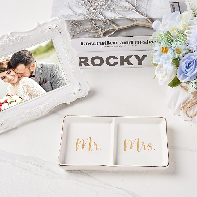 Mr. & Mrs. Ring Dish Engagement Wedding Ring Holder Gift for Future Mrs. / Newlywed - Her Engagement Wedding Gifts for Newly Engaged Couples Bridal Shower Gifts for Bride to be