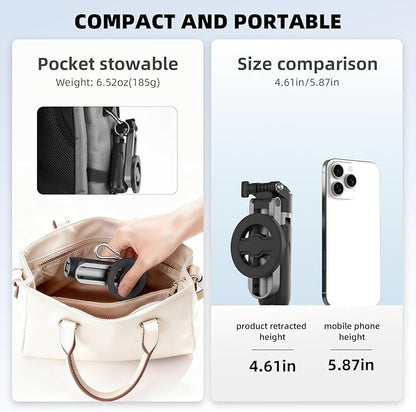 Magnetic Selfie Stick Mini Tripod for iPhone, Portable Pocket 4-in-1 Multifunctional 360° Rotation Phone Handle Grip Stand with Detachable Remote/Clip/Metal Ring for MagSafe/Android【4 Legs】