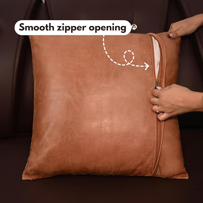 D DOLLY LAMB Lambskin Leather Pillow Cover - Sofa Cushion Case - Decorative Throw Covers for Living Room & Bedroom, 16x16 Inches - Antique Brown Plain