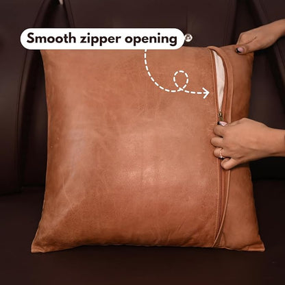 D DOLLY LAMB Lambskin Leather Pillow Cover - Sofa Cushion Case - Decorative Throw Covers for Living Room & Bedroom, 20x20 Inches - Antique Brown Plain