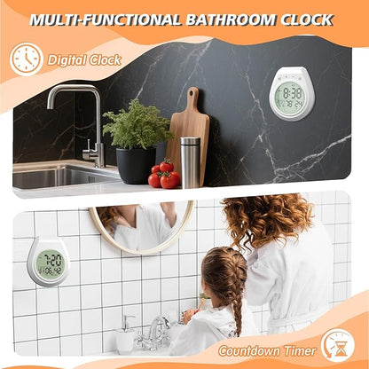 Shower Timer Clock Waterproof, Digital Bathroom Kitchen Wall Clock with LCD Display, 12/24 Hour Format, Temperature, Countdown Timer, Suction Cup, Hanging Hole