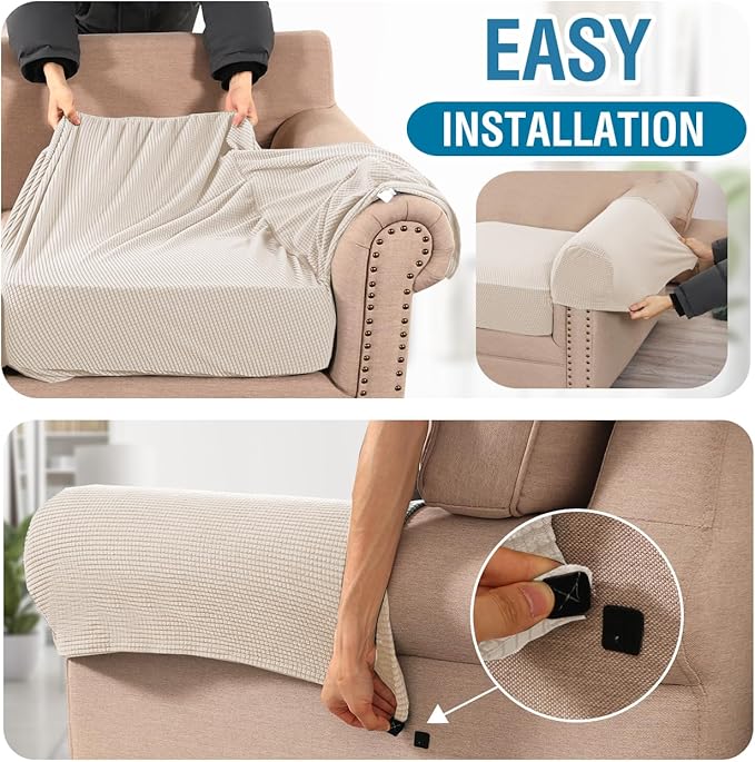 H.VERSAILTEX High Stretch Cushion Cover Washable Sofa Covers for 3 Cushion Couch Thick Jacquard Textured Twill Fabric (3 Piece Loveseat Cushion Cover with Armrest, Ivory)