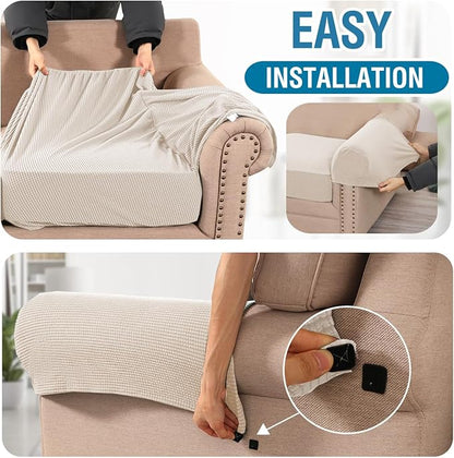 H.VERSAILTEX High Stretch Cushion Cover Washable Sofa Covers for 3 Cushion Couch Thick Jacquard Textured Twill Fabric (3 Piece Loveseat Cushion Cover with Armrest, Ivory)