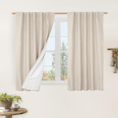 LAMIT 45 Inches 100% Blackout Linen Curtains, Linen Textured Thermal Bedroom Drapes Back Tab and Rod Pocket Neutral Panels with White Liner for Farmhouse, 2 Panels, 42 x 45 Inch, Oatmeal