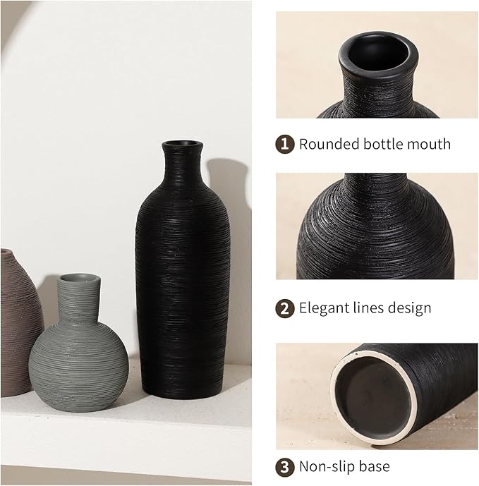 Ceramic Vases Set of 3 Home Decor Vases Modern Rustic Farmhouse Pottery Decorative Flower Vase for Pampas Grass Dried Fresh Flowers, Living Room, Table Centerpiece, Shelf, Mantel (Multicolor Black)