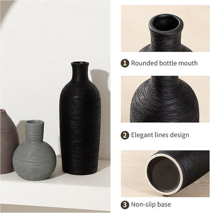 Ceramic Vases Set of 3 Home Decor Vases Modern Rustic Farmhouse Pottery Decorative Flower Vase for Pampas Grass Dried Fresh Flowers, Living Room, Table Centerpiece, Shelf, Mantel (Multicolor Black)