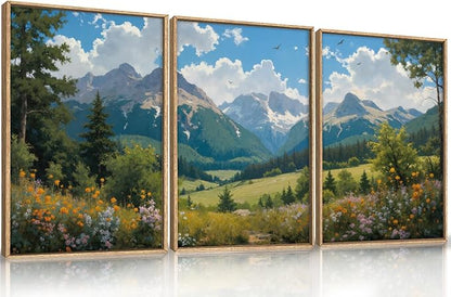 HLNIUC Green Forest Mountain Landscape 3 Piece Wall Art Framed, Colorful Wildflower Nature Wall Decor(16x24), Blue Sky White Cloud Canvas Painting, Woodland Tree Print for Living Room, Bedroom, Office