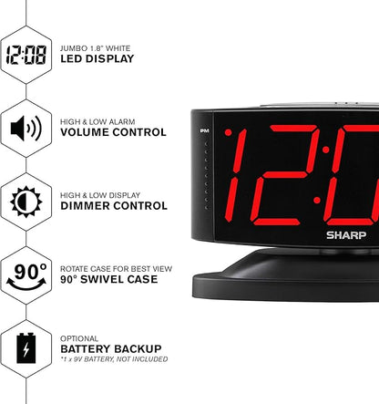 Sharp Home LED Digital Alarm Clock – Swivel Base - Outlet Powered, Simple Operation, Alarm, Snooze, Brightness Dimmer, Big Green Digit Display, (Midnight Black -Red LED)