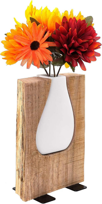 Excello Global Products Matte White Glass and Wood Vase - Rustic Flower Vase Decorative Centerpieces for Dining Room Table Coffee Tables Vintage Farmhouse Decor (Short - 8" x 6")