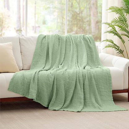 100% Cotton Muslin Blanket Twin XL 66" x 90", 6 Layers Cooling and Soft Twin Blankets for Bed, Lightweight Boho Coverlet Bedspread, Gauze Bedding for All Season, Sage Green