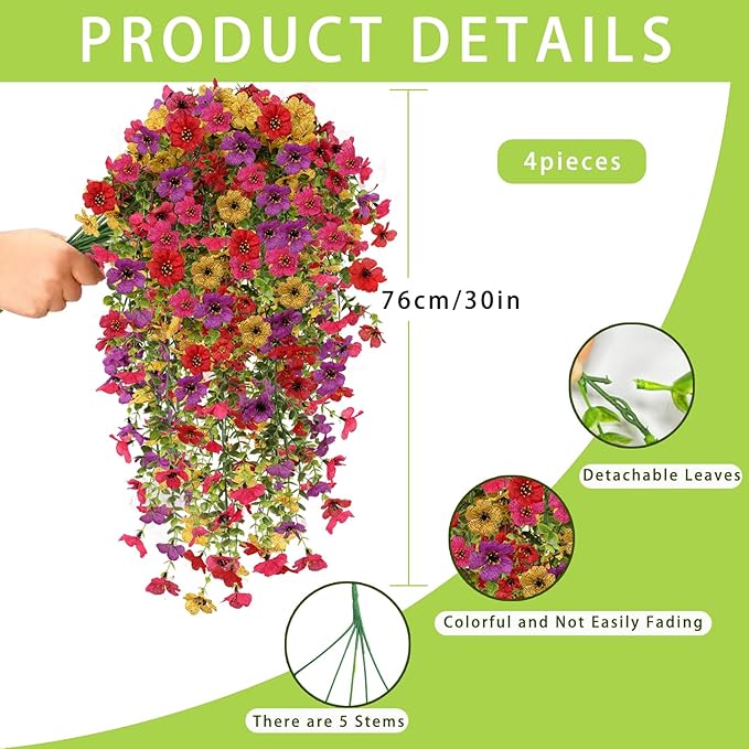 Artificial Fake Hanging Flowers Plants for Outdoor Fall Decoration, 4PCS UV Resistant Look Real Trailing Vines for Outside Home Planter Porch Patio Mums Autumn Decor (Multicolour)