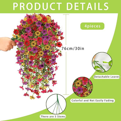Artificial Fake Hanging Flowers Plants for Outdoor Fall Decoration, 4PCS UV Resistant Look Real Trailing Vines for Outside Home Planter Porch Patio Mums Autumn Decor (Multicolour)