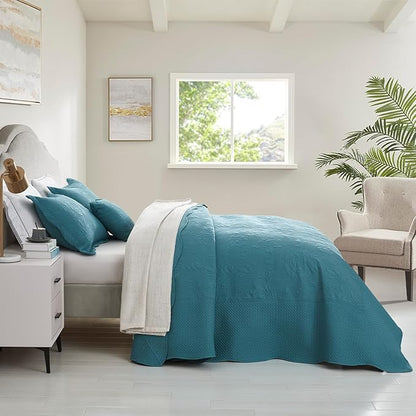CHIXIN Oversized Bedspread Coverlet Set King Size - Lightweight Bedding Cover - Ultrasonic Quilting - 5 Piece Reversible Bedspread - Vintage Rose Pattern (King, Lagoon)