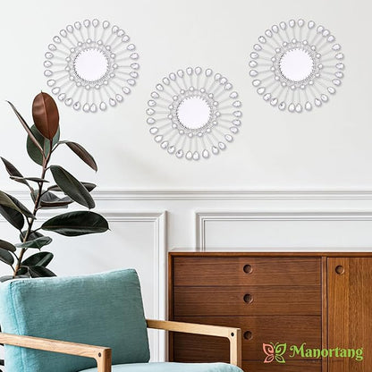 Silver Mirrors 3 PCE, 9 inchSunburst Mirror Hanging Wall Decor, Christmas Decorative Mirror Wall Art, Round Mirrors for Bedroom Living Room Bathroom Kitchen, Warming