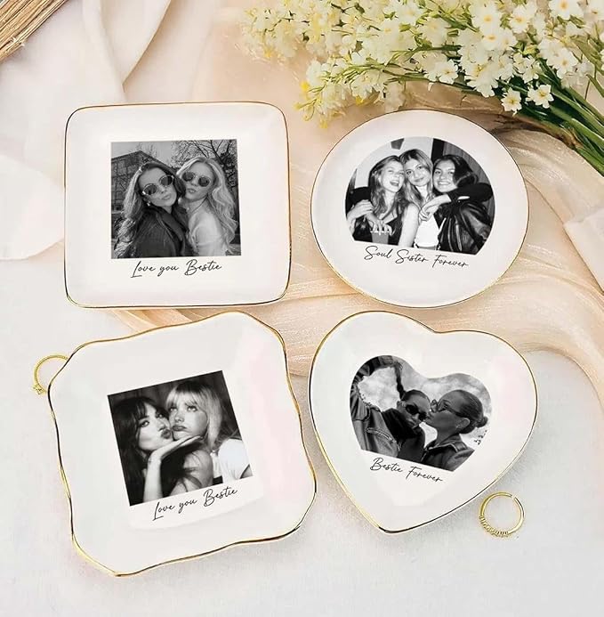 Chillever Personalized Besties Photo Ring Dish, Custom Jewelry Dish Gift for Besties, Soul Sister Trinket Gift for Long Distance Friendship Women BFF Christmas Birthday Wedding Gifts DS1
