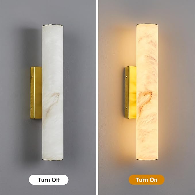 LMQNINE Natural Alabaster Wall Sconces Spanish Marble Wall Light Cylinder Modern Gold LED Sconce for Living Room Bedroom Bathroom Stairs（S-1Pack）