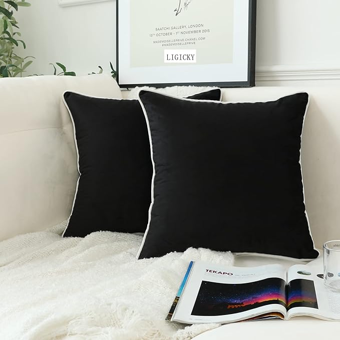 LIGICKY Set of 2 Black Velvet Throw Pillow Covers Modern Minimalist Style Solid Decorative White Rope Edging Soft Square Cushion Cases for Sofa Bedroom Party Décor, 26 x 26 inch