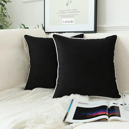 LIGICKY Set of 2 Black Velvet Throw Pillow Covers Modern Minimalist Style Solid Decorative White Rope Edging Soft Square Cushion Cases for Sofa Bedroom Party Décor, 26 x 26 inch