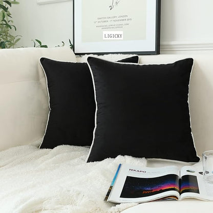 LIGICKY Set of 2 Black Velvet Throw Pillow Covers Modern Minimalist Style Solid Decorative White Rope Edging Soft Square Cushion Cases for Sofa Bedroom Party Décor, 12 x 12 inch