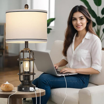 26" Vintage Industrial Table Lamps Set of 2, Farmhouse 3 Way Dimmable Touch Control LED Night Lights Table Lamp with USB A+C Ports & AC Outlet, Rustic Retro Beside Nightstand Lamp for Bedrooms Bronze
