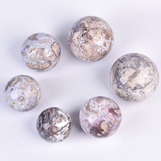 JIC Gem Large Blue Cherry Blossom Agate Crystal Ball with Stand Crystal Sphere Natural Sakura Flower Agate Stone Reiki Healing Meditation Witchcraft Home Decor 3.1-3.5 inch(80-90mm)