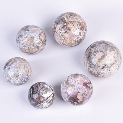 JIC Gem Large Blue Cherry Blossom Agate Crystal Ball with Stand Crystal Sphere Natural Sakura Flower Agate Stone Reiki Healing Meditation Witchcraft Home Decor 2.7-3.1 inch(70-80mm)