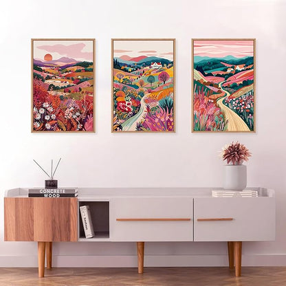 HLNIUC Boho Colorful Wall Art, Floral Mountain Framed Decor(24"x36"), Abstract Wildflower Nature 3 Piece Canvas Painting, Botanical Sunset Forest Art Print for Living Room, Bedroom, Office