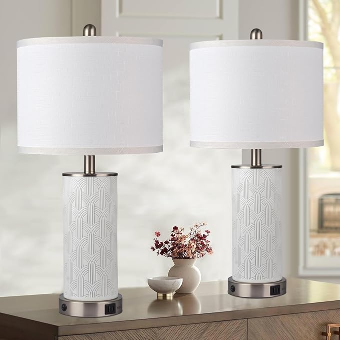 Irregular Ceramic Beautifully Engraved Decorative 25" Table Lamps Set of 2 with Nightlight,E26 Socket&Rotary Switch,USB A+C Ports,Modern Bedside Lamps for Nightstand,Bedroom(Bulbs Included)