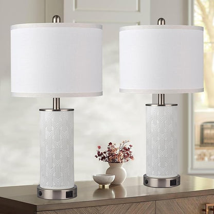 Irregular Ceramic Beautifully Engraved Decorative 25" Table Lamps Set of 2 with Nightlight,E26 Socket&Rotary Switch,USB A+C Ports,Modern Bedside Lamps for Nightstand,Bedroom(Bulbs Included)