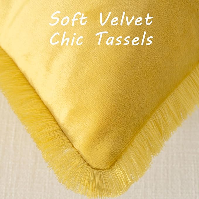 FUTEI Lemon Yellow Velvet Decorative Throw Pillow Covers 16x16 Set of 2,Soft Cozy Edge with Tassels Cushion Case,Boho Modern Home Decor for Couch Bed Living Room