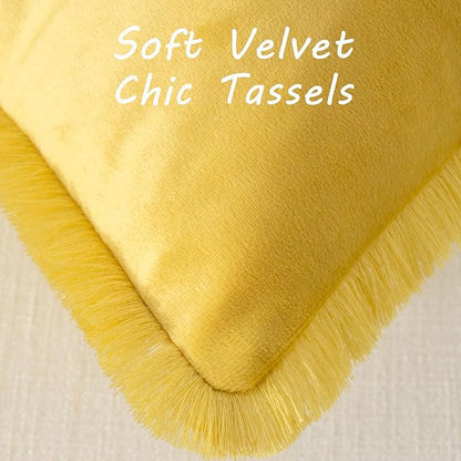 FUTEI Lemon Yellow Velvet Decorative Throw Pillow Covers 12x20 Set of 2,Soft Cozy Edge with Tassels Lumbar Pillow Cases,Boho Modern Home Decor for Couch Bed Living Room