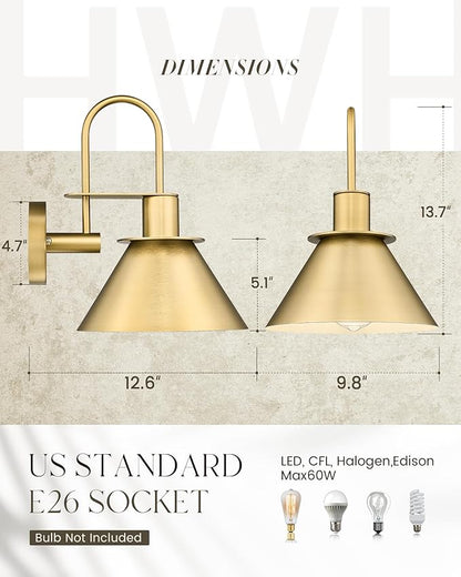 Wall Sconces for Bathroom Set of 2, HWH Wall Mount Lighting with Metal Shade, Indoor Gold Wall Lights for Living Room Mirror Kitchen, Gold Finish, 5HZG56BL-2 BG
