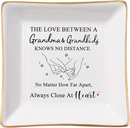 Grandma Gifts from Grandkids, Gifts for Grandma Jewelry Tray Dish - The Love Between A Grandma & Grandkids Knows No Distance, Grandmother Birthday Christmas for Grandma