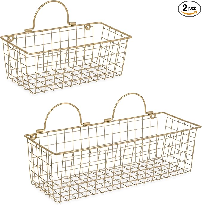 DII Farmhouse Vintage Decor, Wire Wall Basket, Assorted, Gold, 2 Piece