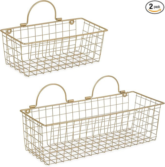 DII Farmhouse Vintage Decor, Wire Wall Basket, Assorted, Gold, 2 Piece