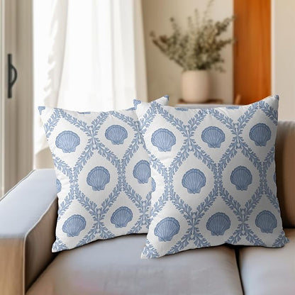 Light Blue Coastal Pillow Covers 22x22 Set of 2 Ocean Coral Shell Pattern Outdoor Decorative Linen Summer Throw Pillows Cases with Zipper Cushion Cover Rustic Decoration Farmhouse Sofa Couch Bed Decor