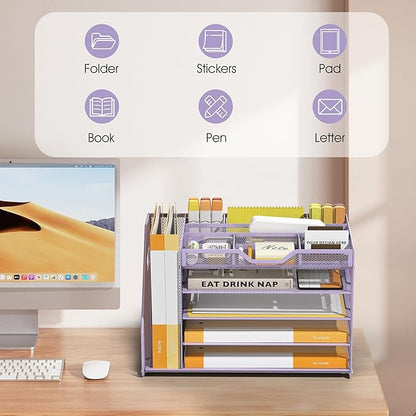 5 Tier Paper Letter Tray with File Holder and 3 Drop-in Pen Holders, Mesh Desk File Organizer with Handle, Desk Organizers and Accessories for School,Home, Office Supplies Storage-Purple