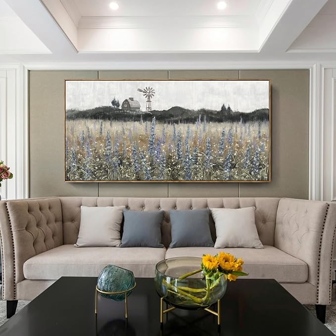 Large Framed Wall Art for Living Room Nature Wilderness Landscape Painting Vintage Canvas Print Rustic Farmhouse Scenery Picture Countryside Wildflower Field Meadow Windmill Barn Artwork 60"W x 30"H
